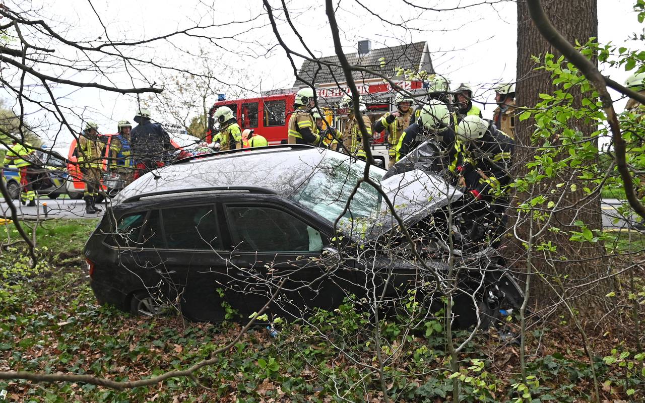 Beim Zusammenstoß mit dem Baum wurde das Auto stark beschädigt.