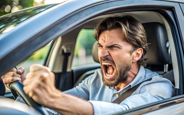 Autofahrer schimpft im Auto.  Symbolbild.