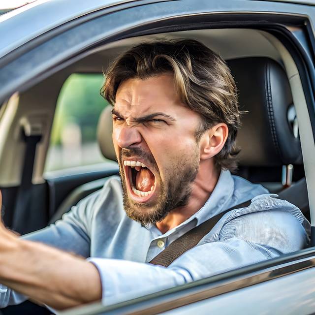 Autofahrer schimpft im Auto.  Symbolbild.