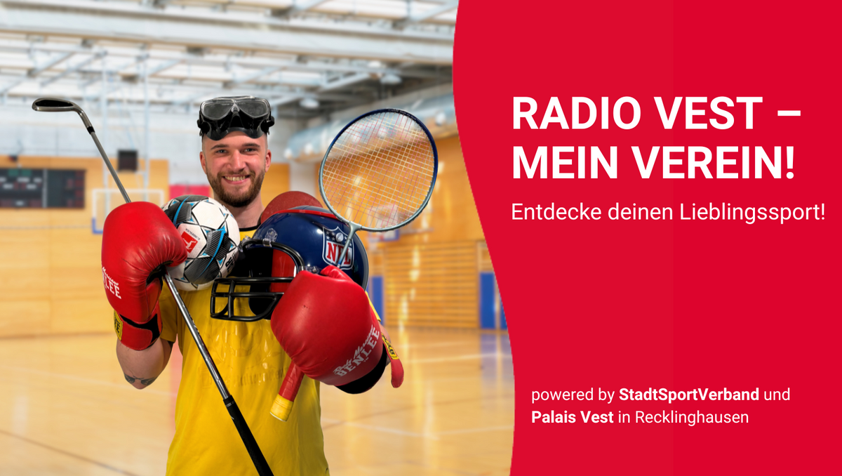 Jan Schmitz mit verschiedenen Sport-Utensilien.