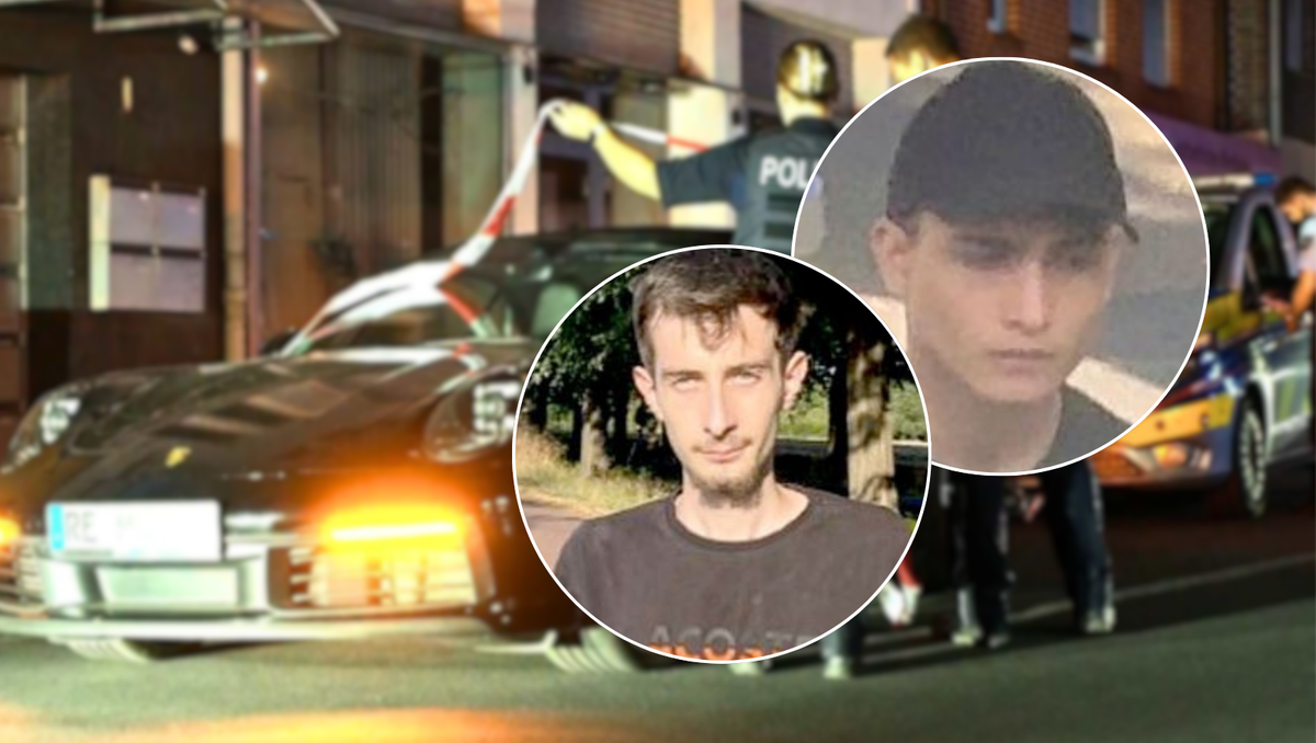 Nach den Schüssen auf einen Porsche in Marl fahndet die Polizei nach diesen beiden Männern. 