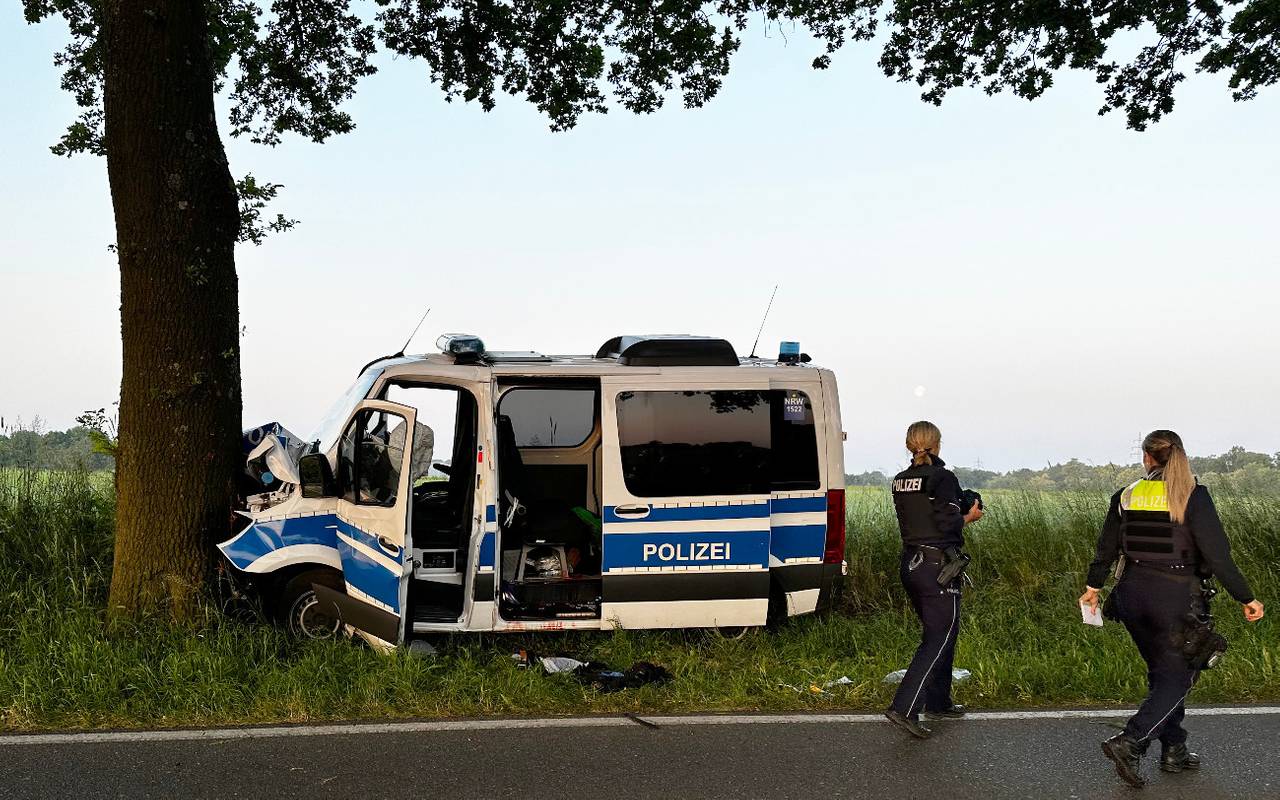 Der Polizei-Mannschaftsbus krachte frontal in Dorsten gegen einen Baum.