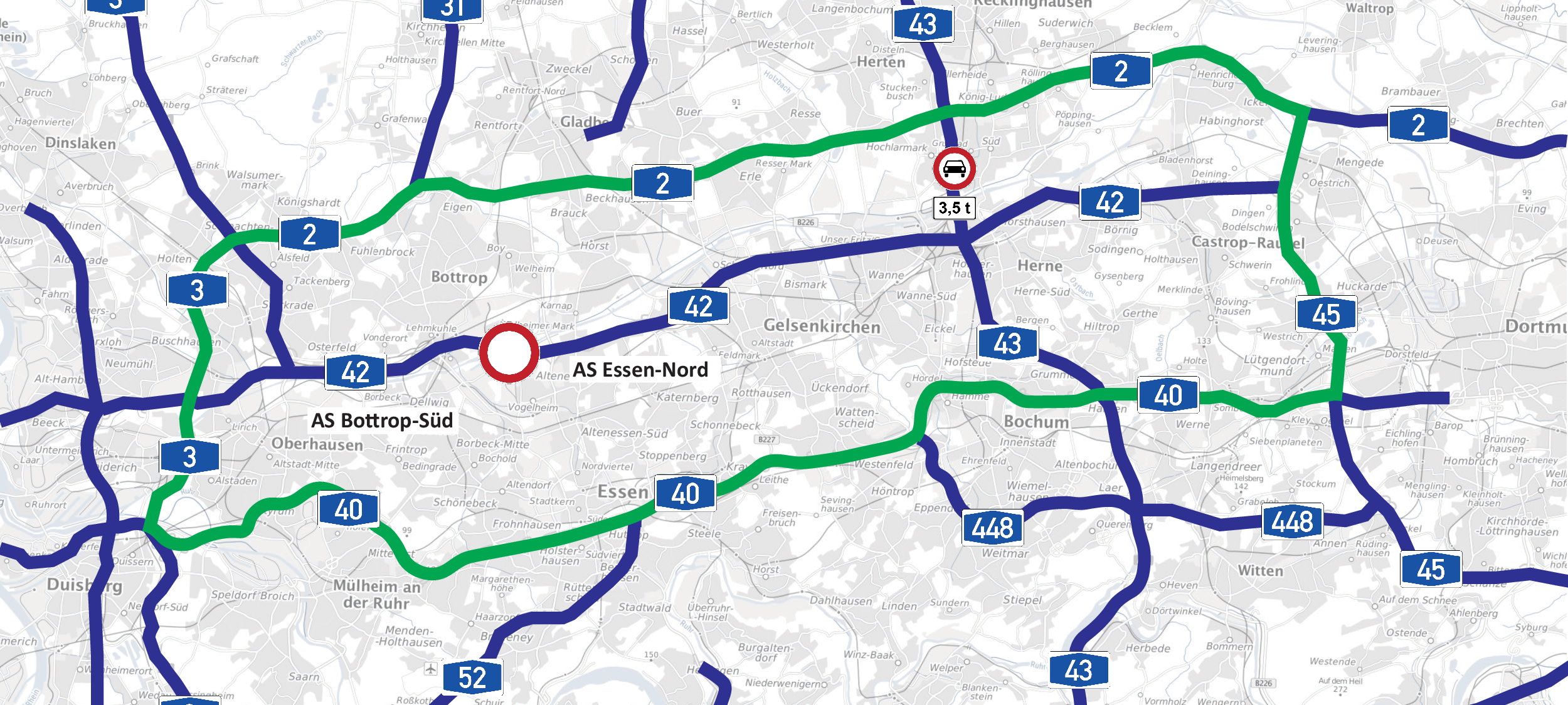 Autofahrer sollen über parallel verlaufende Autobahnen der A42-Sperrung ausweichen.