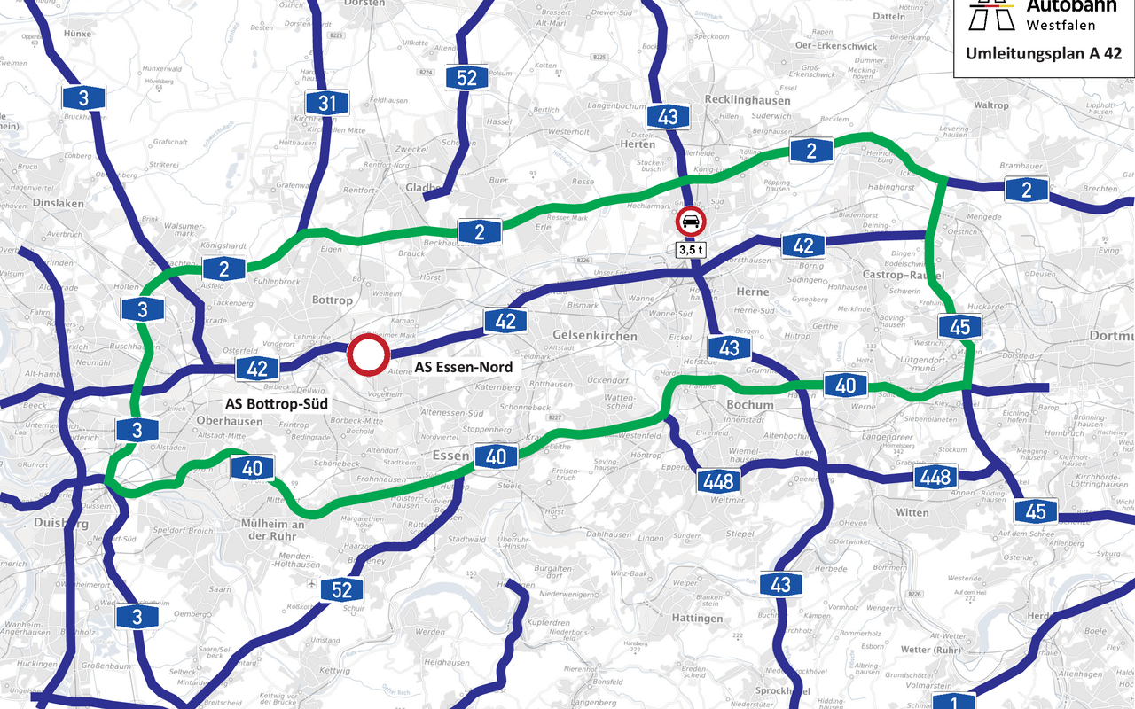 Autofahrer sollen über parallel verlaufende Autobahnen der A42-Sperrung ausweichen.