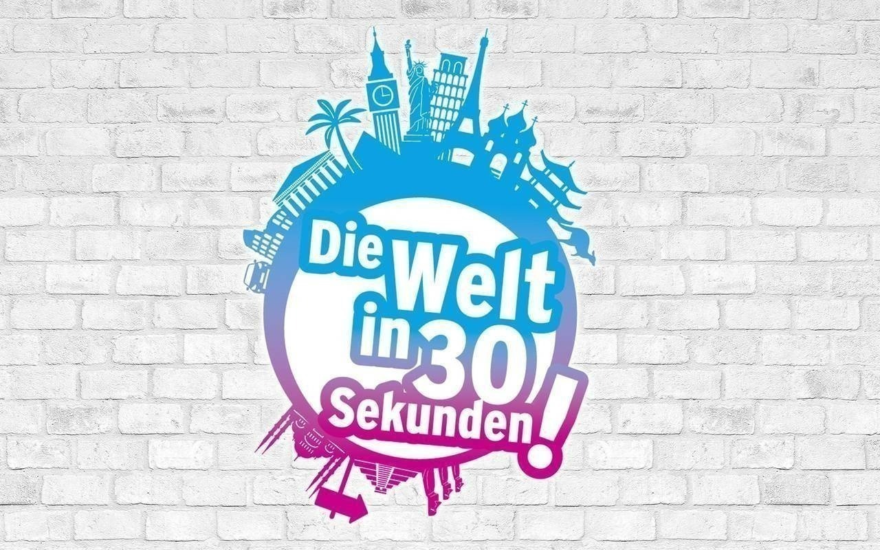 Das Logo von 'Die Welt in 30 Sekunden' vor einer hellgrauen Mauer.
